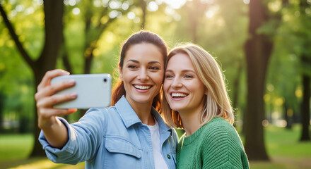 Two smiling women taking a selfie in a sunlit park, capturing friendship, happy moments, outdoor leisure, concept of joyful connection, nature enjoyment, and modern communication