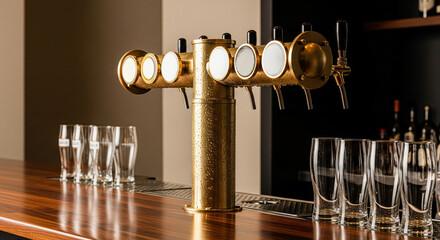 Many empty beer glasses and a cold brass beer tap on a wooden bar counter ready for service in a pub or restaurant for beverage concept.