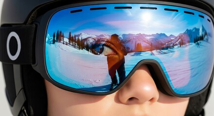Close-up of skiers reflection in goggles with snowy mountains and blue sky in background. concept of winter sports, alpine adventure, outdoor activities