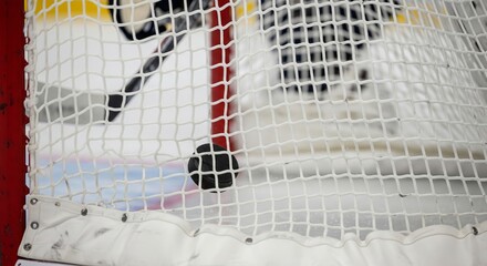 Ice hockey puck in goal net with player in action during competitive game. concept of scoring, sports achievement, dynamic tension