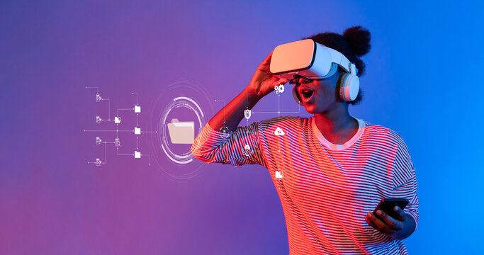 A vibrant scene featuring a user engaging with virtual reality technology. The individual explores online data management and information access in an innovative environment. XDMCP