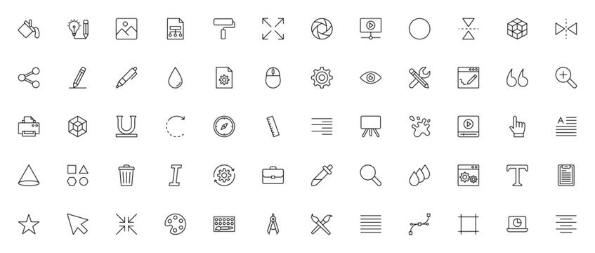 Art and Design icon set. Vector illustration tools cllection. Includes paint bcket, color palette, penci, brush, crop, layout, typgraphy, 3D model and more.Editable stroke.