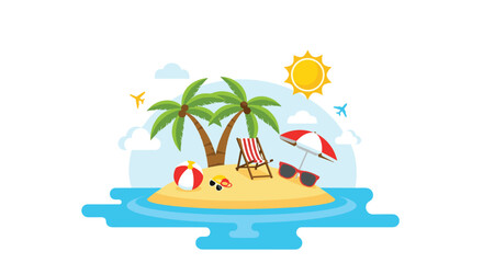 Obraz premium An inviting tropical island scene featuring palm trees, beach accessories, and airplanes soaring under a bright summer sun.