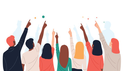 A diverse crowd of people, seen from behind, pointing their hands towards an exciting future, symbolizing unity, progress, and shared goals.