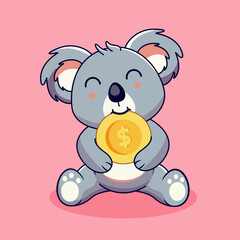 Cute Koala Character Playing Golden Money Coin Vector Illustration Cartoon Kawaii