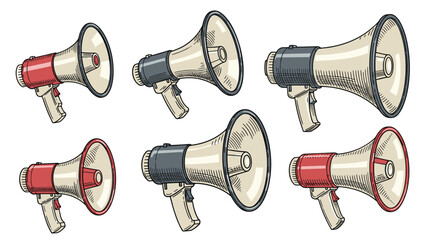 Vintage style illustrations of megaphones in red and gray, depicting loud announcements, public address, and calls to action.