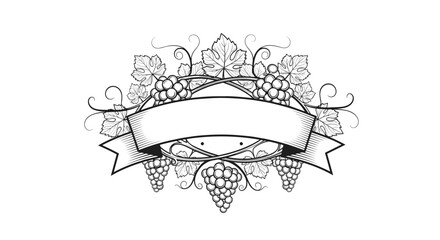 A classic black and white grape design with a blank ribbon banner, adorned by lush grape clusters, leaves, and elegant tendrils, ideal for vintage labels.