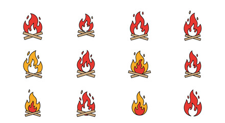 A collection of simple cartoon campfire icons with burning logs and flickering flames in red and yellow colors.