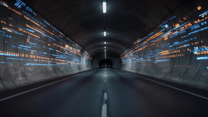 A long tunnel with a road leads toward a light at the end. Walls have abstract neon blue and orange streaks