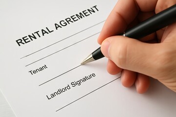 Close-up of hand signing lease agreement document with pen, highlighting tenant and landlord signature section. concept of legal contract, rental deal, property management.