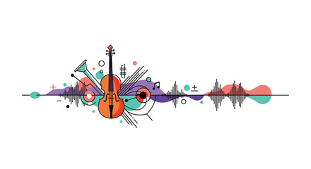 Abstract illustration featuring musical instruments, sound waves, and colorful geometric shapes representing the essence of music and art.