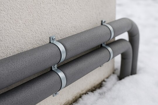Insulated pipes with metal clamps in snowy environment for efficient protection and maintenance. concept of winter safety, energy efficiency, industrial insulation
