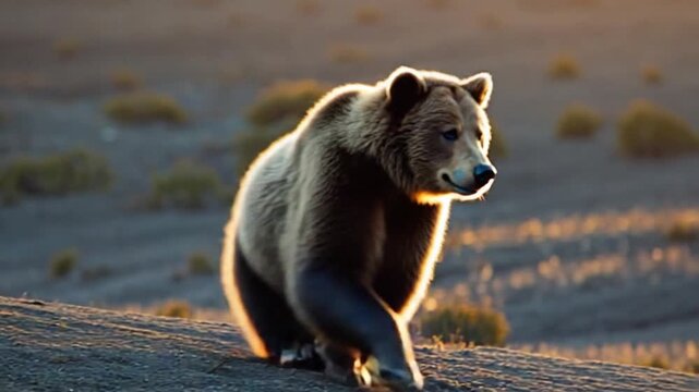 Brown bear resting peacefully on a dirt mound in the warm light of the setting sun outdoors bear video