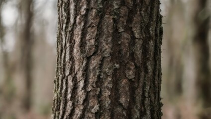 Obraz premium Close-up of a tree trunk's textured bark, with blurred forest background