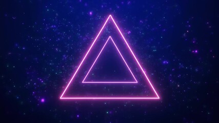 A bright neon triangular frame set against a sparkling galaxy-like background. Purple and blue light particles fill the cosmic space, creating a dreamy futuristic atmosphere perfect for digital art, s