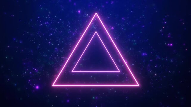 A bright neon triangular frame set against a sparkling galaxy-like background. Purple and blue light particles fill the cosmic space, creating a dreamy futuristic atmosphere perfect for digital art, s