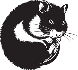 Black and white vector illustration of a small domestic rodent hamster curled up in a compact, resting posture