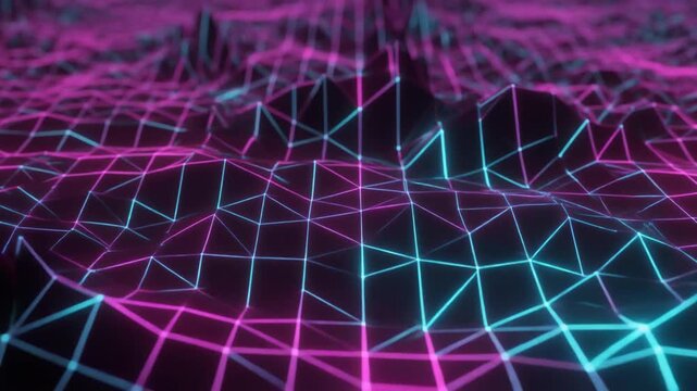 Dynamic abstract motion background featuring a low poly landscape illuminated by vibrant neon pink and blue grid lines. The geometric terrain forms a stylish retro-futuristic aesthetic perfect for tec