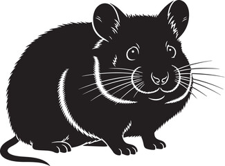 Black and white silhouette illustration of a small rodent, a little mouse with whiskers, isolated on a clean background.