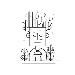 Abstract character with tree branches for hair standing in nature with plants and a mushroom in hand