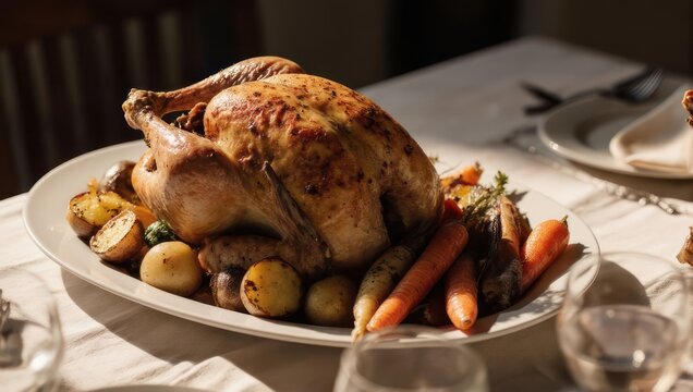 Roasted chicken and vegetables on a platter. Sunlight highlights the meal