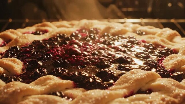 Homemade Berry Pie Baking in Hot Oven Close Up Steam Rising