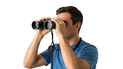 Man looking through binoculars isolated on transparent background