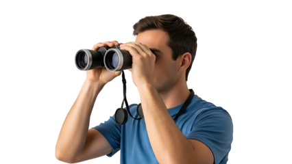 Man looking through binoculars isolated on transparent background