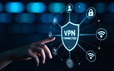 Man Securing Online Connection with VPN on Futuristic Digital Interface