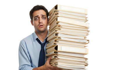 Exhausted businessman carrying a very tall stack of binder files isolated on transparent background