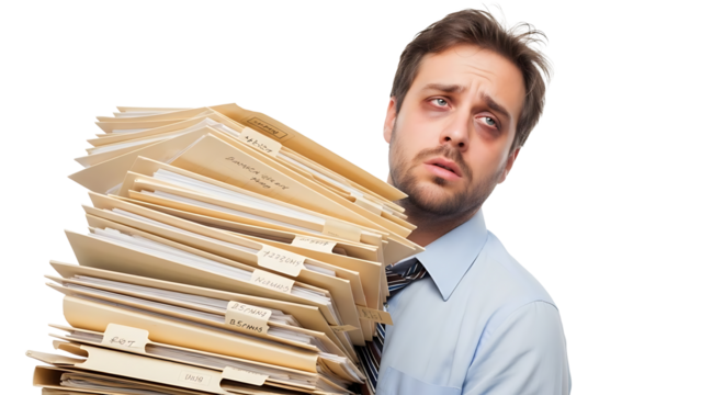 Tired businessman struggling with huge stack of paperwork isolated on transparent background
