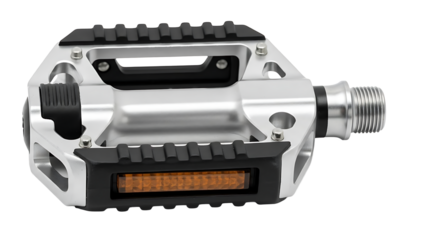 Silver bicycle platform pedal with black grip pins isolated on transparent background