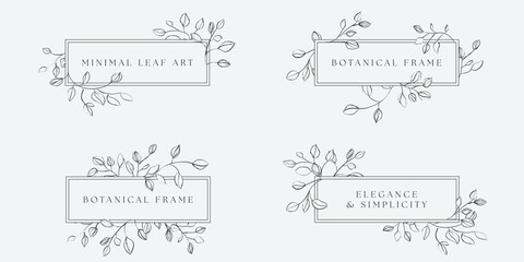 Rectangular botanical frames. Each frame consists of a thin black circle with hand-drawn, sketch branches and leaves wrapping around its edges