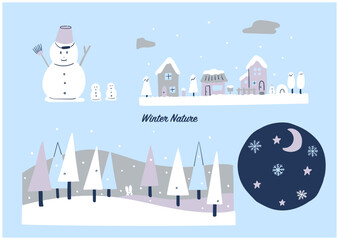 Snowy World & Winter Nature &ndash; Flat Color Illustration Set