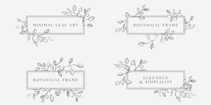 Rectangular botanical frames. Each frame consists of a thin black circle with hand-drawn, sketch branches and leaves wrapping around its edges