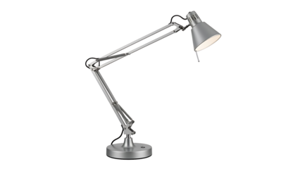 Adjustable gray metal architect desk lamp isolated on transparent background