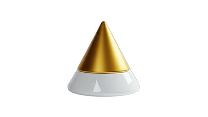 Abstract Geometric Object with Gold Cone Top and White Base Featuring Smooth Reflections and Subtle Lighting Against a Transparent Background