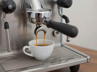 Rich espresso pours from the chrome portafilter of a commercial machine into a small white ceramic demitasse cup sitting on the metal grate drip tray.