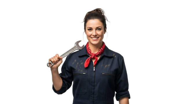 Smiling female mechanic holding a large wrench isolated on transparent background