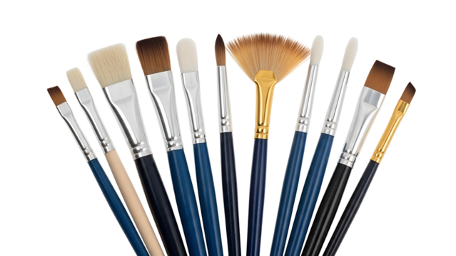 Collection of various artist paint brushes isolated on transparent background