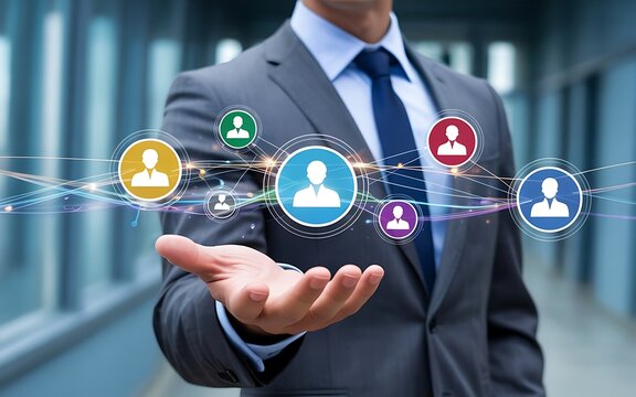 Businessman Interacting with Digital Network of People Icons Symbolizing Team Collaboration and Modern Communication Technology - Powered by Adobe
