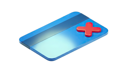 Blue Plastic Credit Card With Red Plus Symbol Icon Isolated On Transparent Background Realistic 3D Render