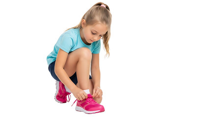 Young girl tying shoelaces on bright pink sneaker isolated on transparent background