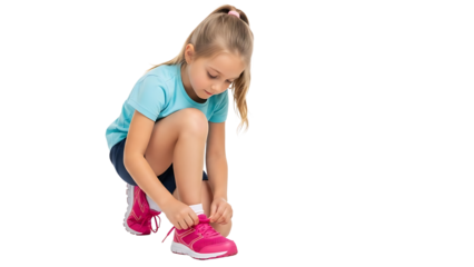 Young girl tying shoelaces on bright pink sneaker isolated on transparent background