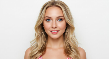 Fototapeta premium Radiant young woman with captivating blue eyes smiles gently bathed in soft even studio light. AI Generated