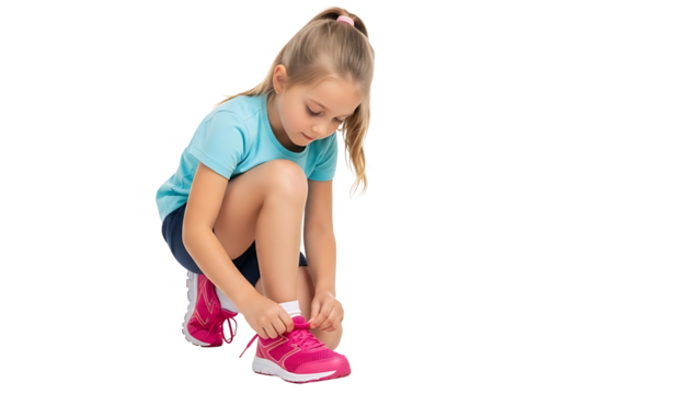 Young girl tying shoelaces on bright pink sneaker isolated on transparent background
