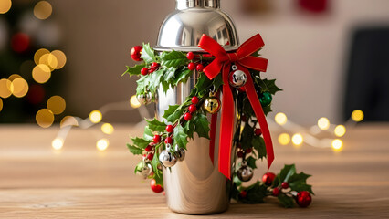 Metallic cocktail shaker decorated with holiday greenery and ribbon