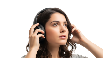 Young woman listening to music with large black headphone isolated on transparent background