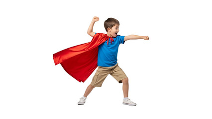 Young boy dressed as a superhero with a red cape isolated on transparent background
