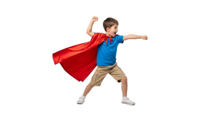 Young boy dressed as a superhero with a red cape isolated on transparent background